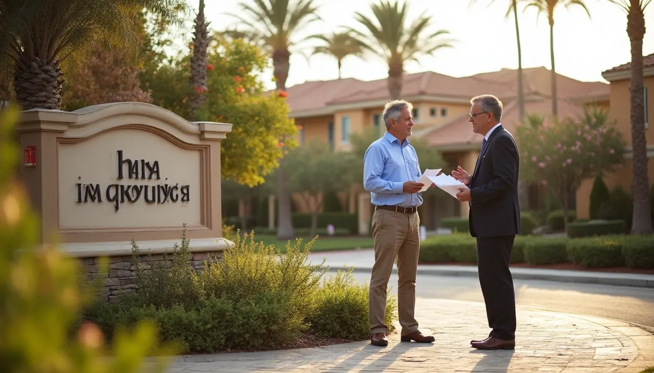 Two men discussing documents in a sunny residential neighborhood with palm trees and homes in the background.