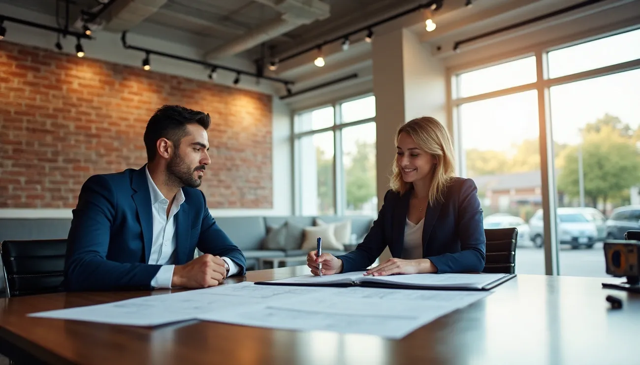 Two professionals in business attire review and sign documents in a modern office with large windows.