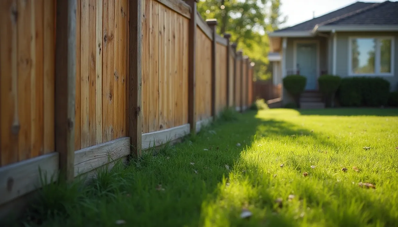 Sunlit wooden fence and green lawn beside a suburban house, illustrating property boundaries in California.