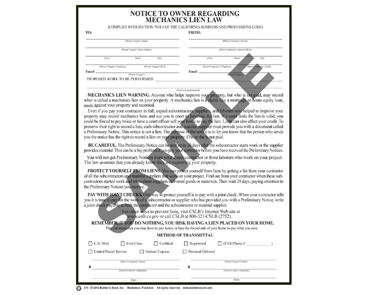 Notice to owner form explaining mechanics lien law and protection methods for property owners in California.