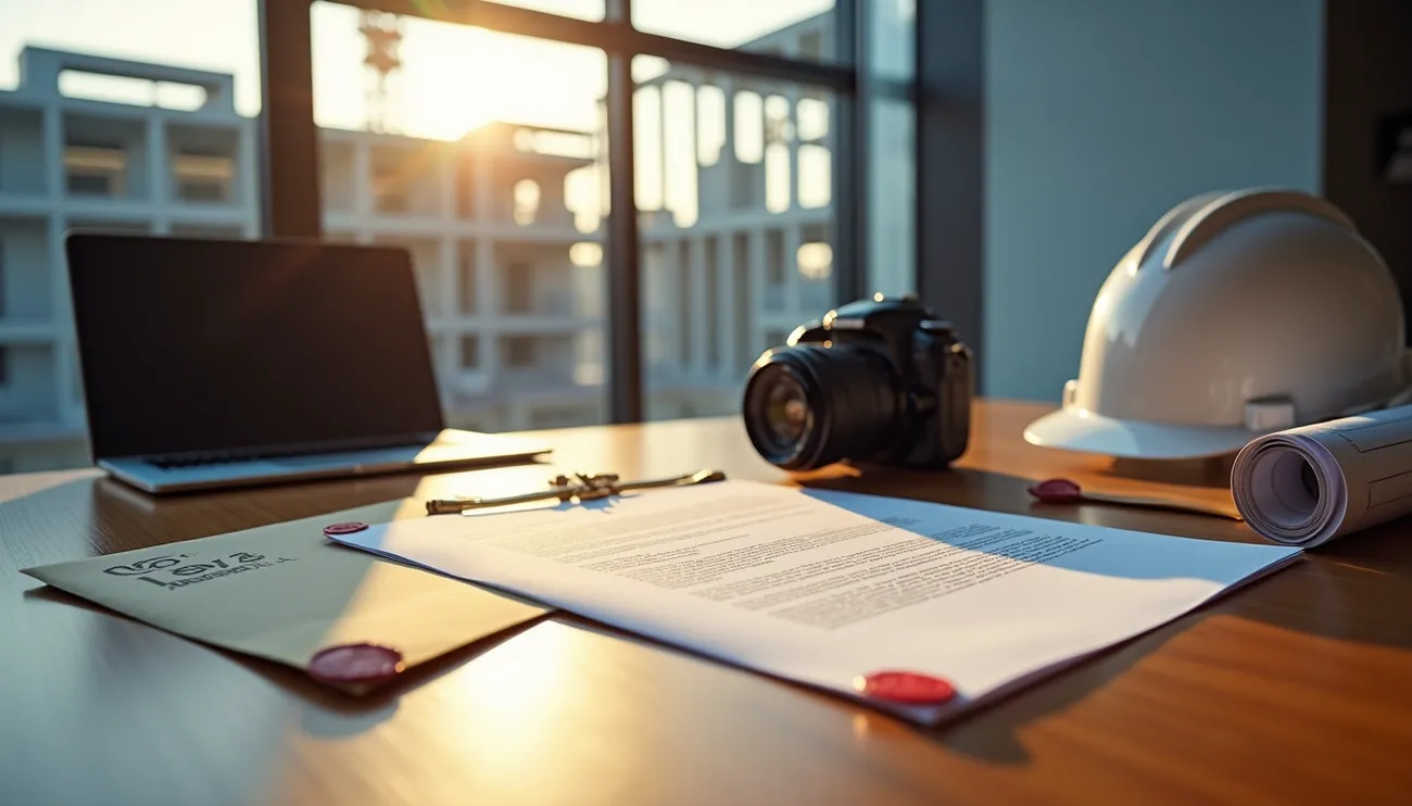 Construction site office desk with legal documents, laptop, camera, hard hat, and blueprints at sunset