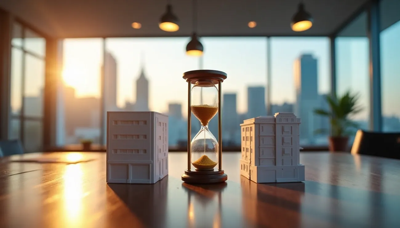 Hourglass between two model buildings on a table with city skyline at sunset, symbolizing timed property exchange.