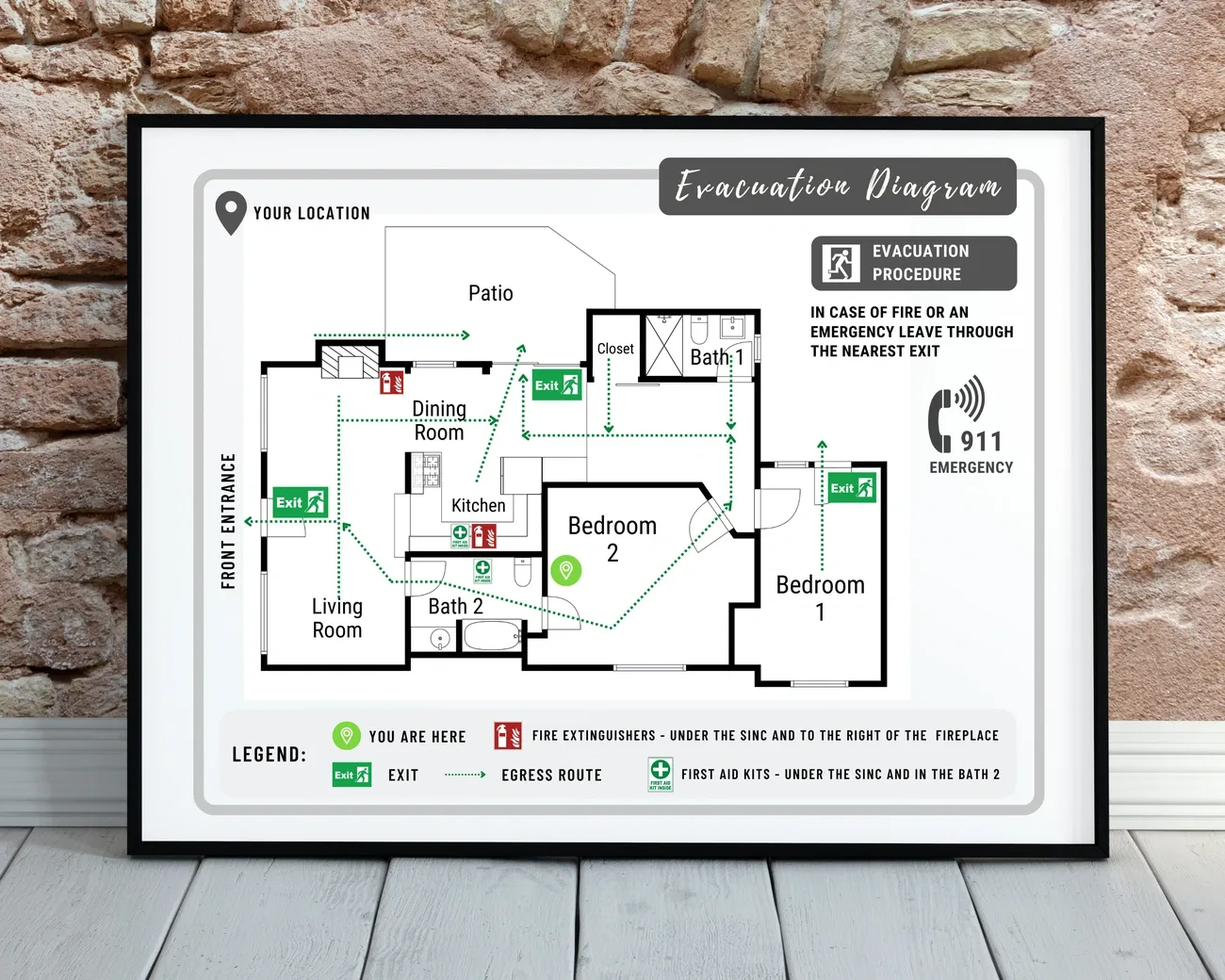 Floor plan evacuation diagram showing exits, egress routes, fire extinguishers, first aid kits, and current location in a home layout.