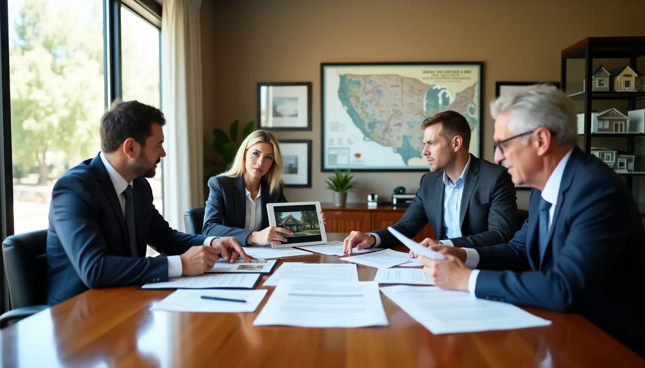 Four professionals in suits discussing real estate documents and a house image in a conference room with a US map on the wall.