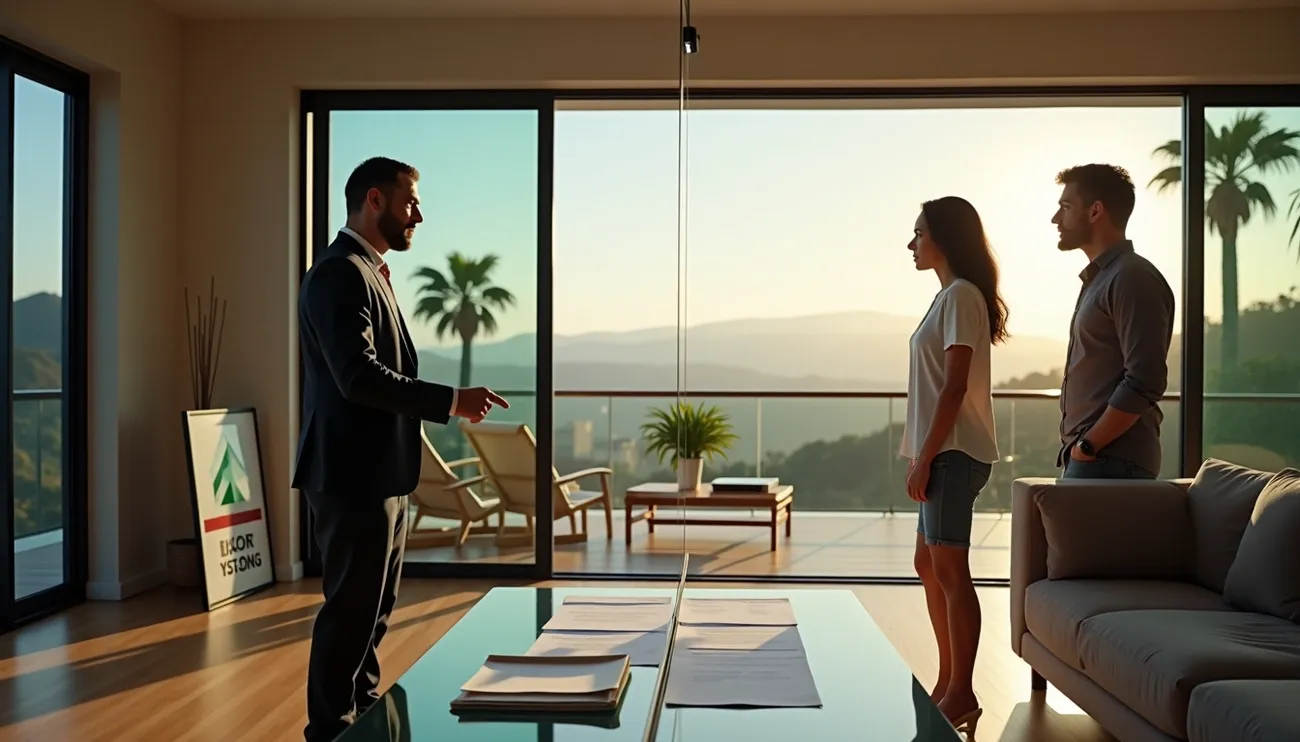 Real estate agent discussing partition action documents with a couple in a modern home with mountain views.