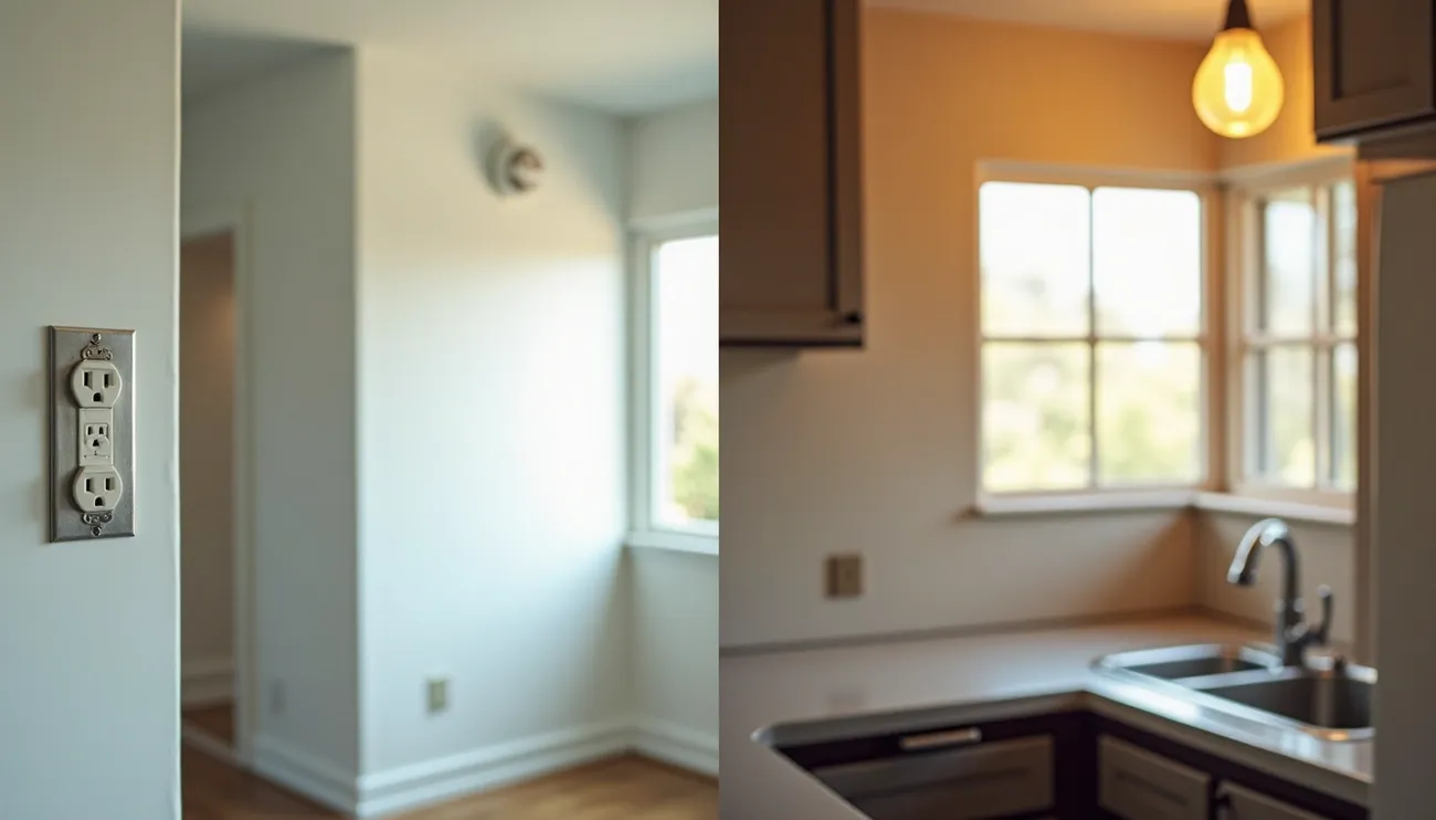 View of a well-lit, empty California home interior highlighting electrical outlets and kitchen sink for habitability standards.
