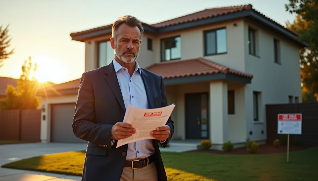 Real estate agent holding foreclosure papers in front of a modern California home at sunset with a violation sign.