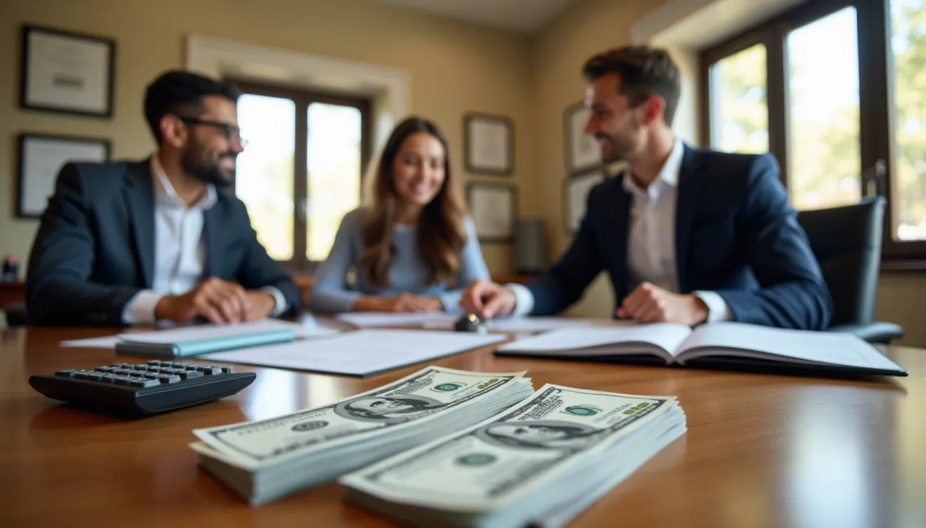 Three professionals discuss real estate documents at a table with stacks of cash and a calculator in the foreground.