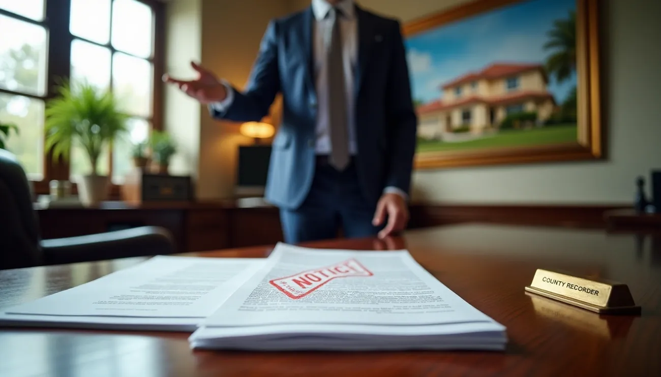 Legal notice document stamped 'NOTICE' on a desk with a man in a suit and a 'County Recorder' nameplate in an office.
