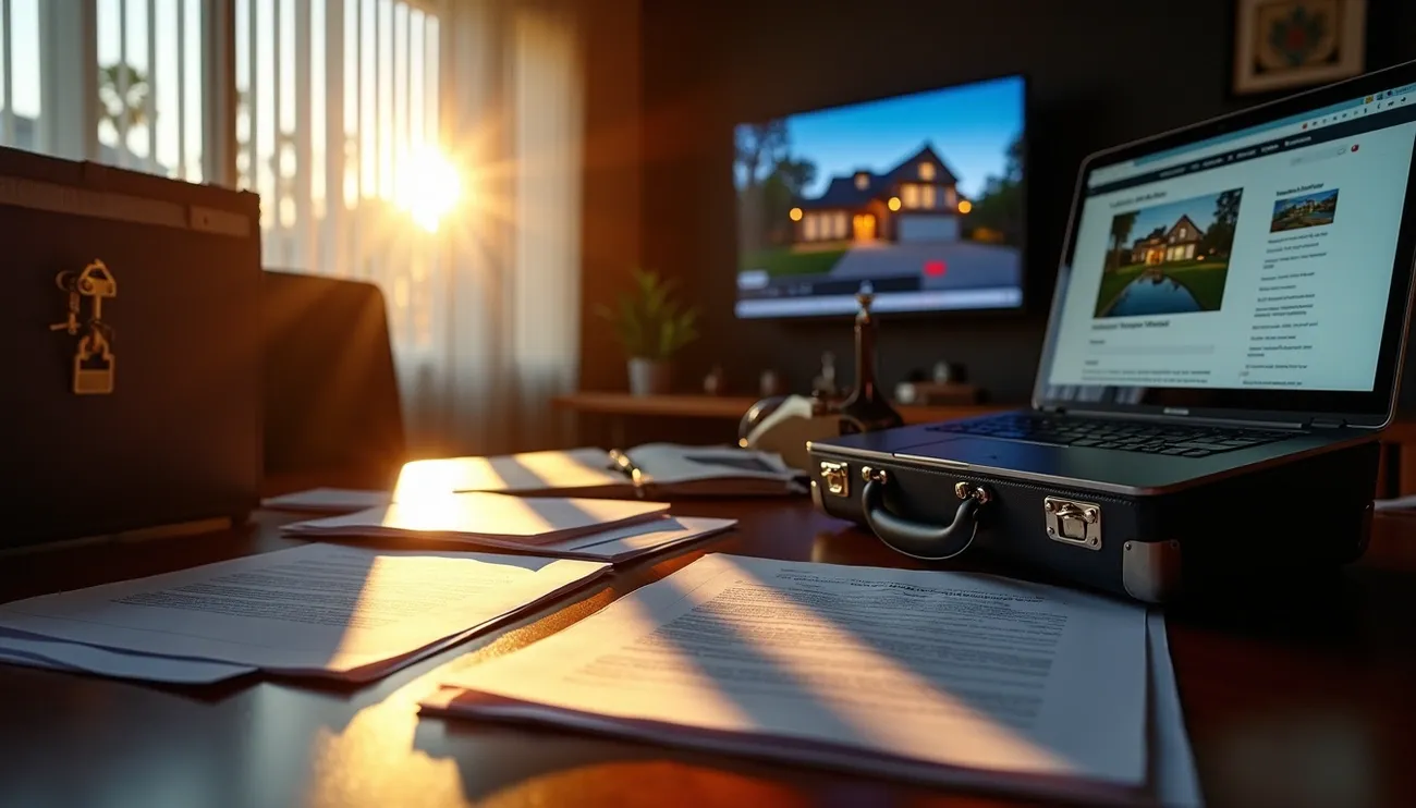 Sunlit real estate documents and a laptop showing a house listing on a desk with keys and a briefcase nearby.