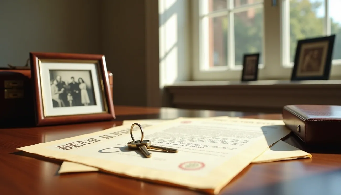 Keys resting on a deed document on a desk with family photos in the background by a sunlit window.