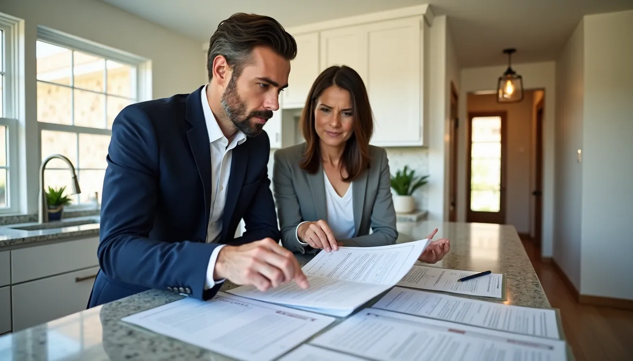 Two professionals reviewing real estate disclosure documents in a modern kitchen setting.