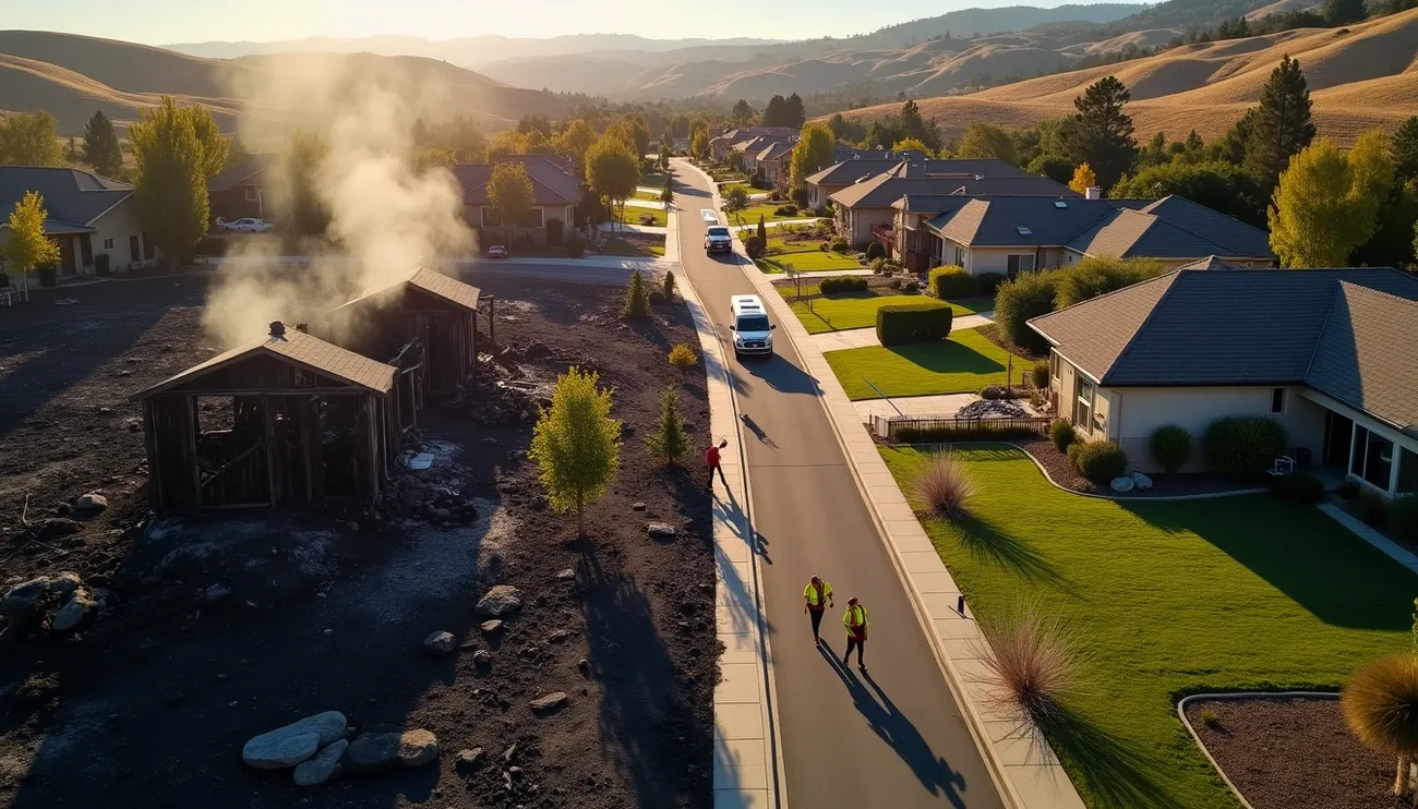 Aerial view of wildfire-damaged buildings emitting smoke next to a neighborhood with intact homes and workers inspecting the area.