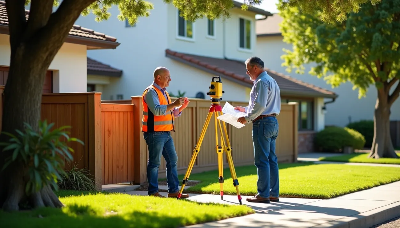 Two men use surveying equipment near a wooden fence in a suburban neighborhood during a property line discussion.