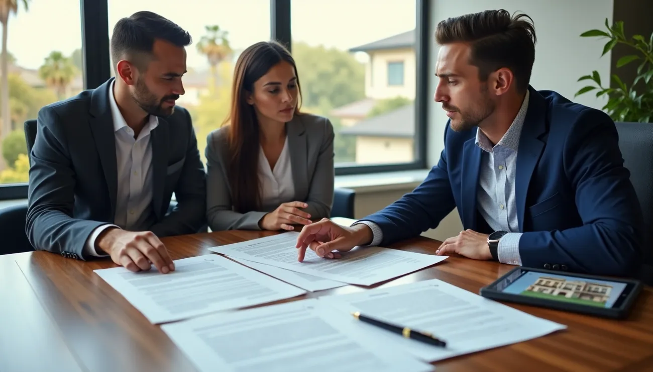 Three professionals in a meeting reviewing real estate documents in a bright office with a tablet showing a house image.