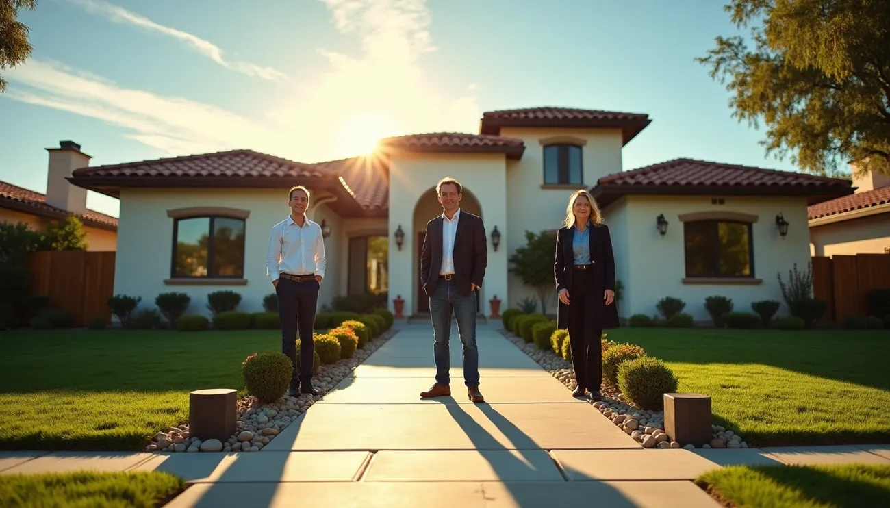 Three professionally dressed people standing on a walkway in front of a suburban house at sunset