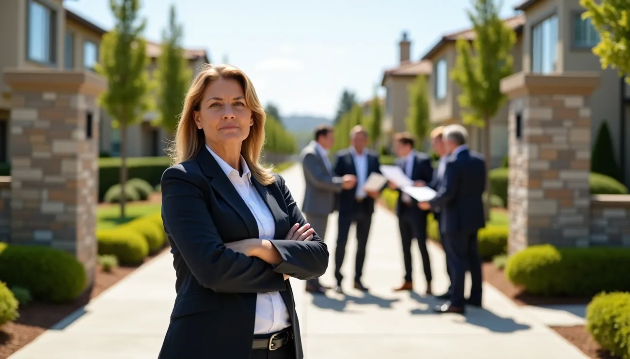 Confident woman in business attire stands with arms crossed in a suburban neighborhood with a group discussing in the background.